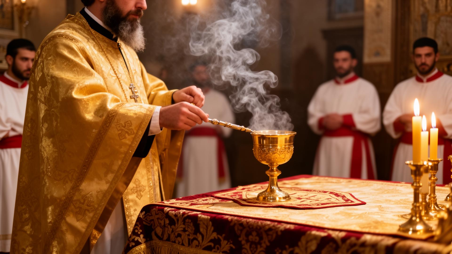 Koptisk präst som tänder rökelse vid altaret